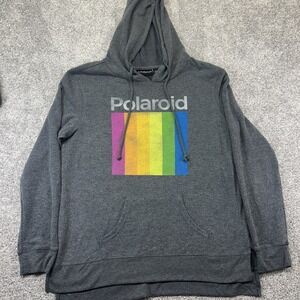 Polaroid Camera S Gray Rainbow Logo Hoodie faded distressed Sweatshirt pocket